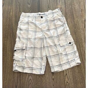 Tony Hawk Mens Swim Board Shorts Mid Rise Cargo Pockets Plaid White Blue Size 29